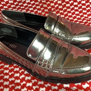 NINE WEST Mayhem Lug Sole Silver Loafers